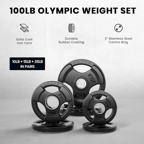 LIONSCOOL 2-Inch Rubber Olympic Grip Weight Plates for Strength Training, Weightlifting, Solid Cast Iron Plate for Barbell in Single/Pair/Set for Home & Gym (2.5-45LB), One Year Warranty