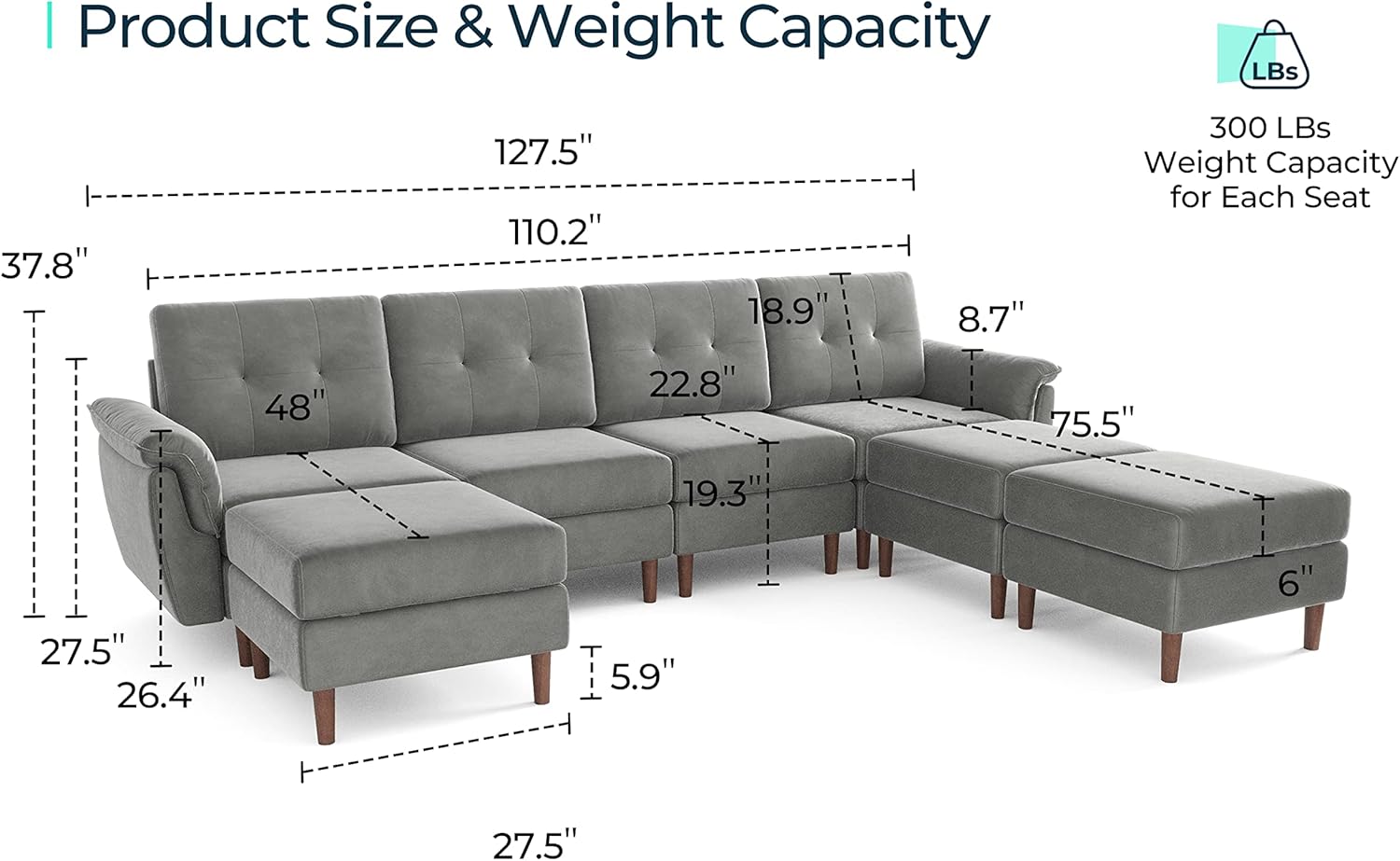 LINSY HOME Modular Sectional Sofa, Velvet Sectional Sofa Couch with Memory Foam, U Shape 7 Seat Modular Sectionals with Ottomans, Sleeper Sofa Couches with Chaise for Living Room, Grey