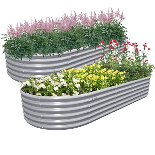 2 Pack 8x3x1.5FT Galvanized Raised Garden Bed Kit Oval Metal Ground Planter Box Outdoor Bottomless Planter Raised Beds for Vegetables Flowers Herbs Fruits, Gray