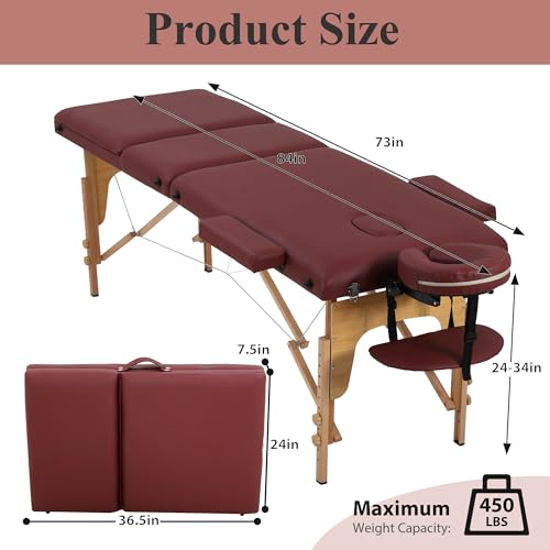 84 Inch Portable Massage Table, Lightweight 3-Fold Height Adjustable Massage Bed, Spa and Lash Bed with Face Cradle for Salon, Physical Therapy, and Reiki(Black)