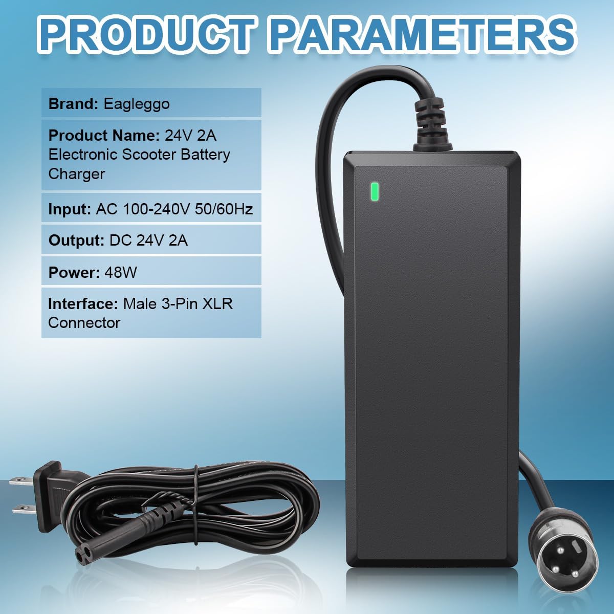 24V 2A New XLR Electric Scooter Battery Charger Replacement for Go-Go Elite Traveller Plus HD US, Ezip Mountain Trailz, Jazzy Power Chair