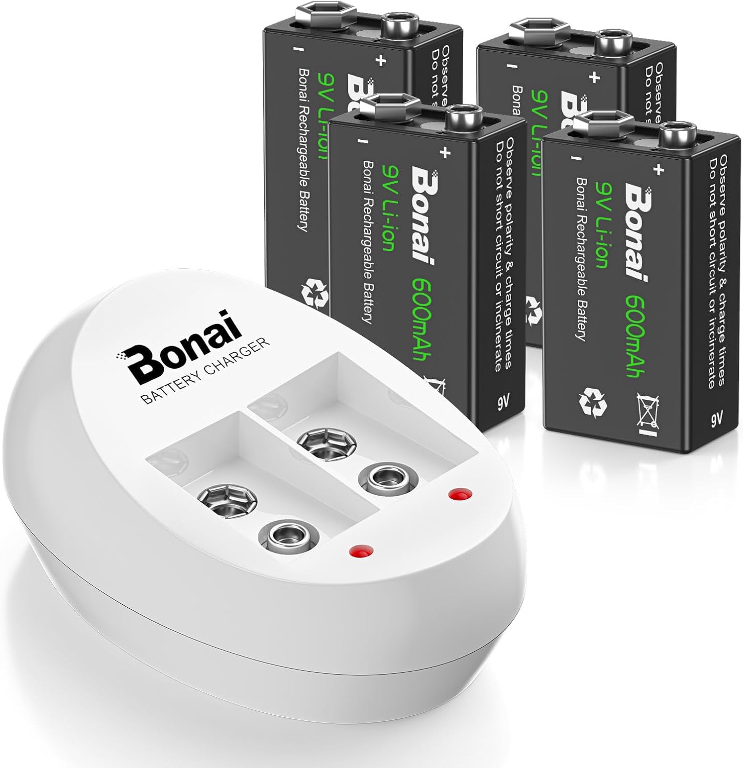 BONAI 6F22 9 Volt Rechargeable Battery(4 Pack) 600mAh Li-ion Rechargeable 9v Batteries with Charger(2 Bay) High Capacity
