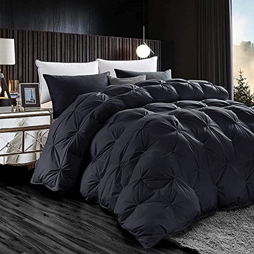 Luxurious All-Season Goose Down Feather Fiber Comforter Queen Size Duvet Insert, Premium White Solid Plain Design, Premium Baffle Box, 100% Egyptian Cotton, 70 oz Fill Weight