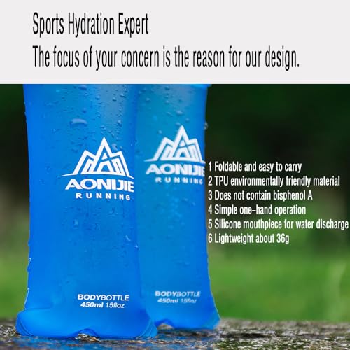 AONIJIE 2Pcs 450ml Folding Soft Water Bottle with Dust Cover Portable TPU Soft Water Bottle for Outdoor Marathon Running (2pcs 450ml blue)