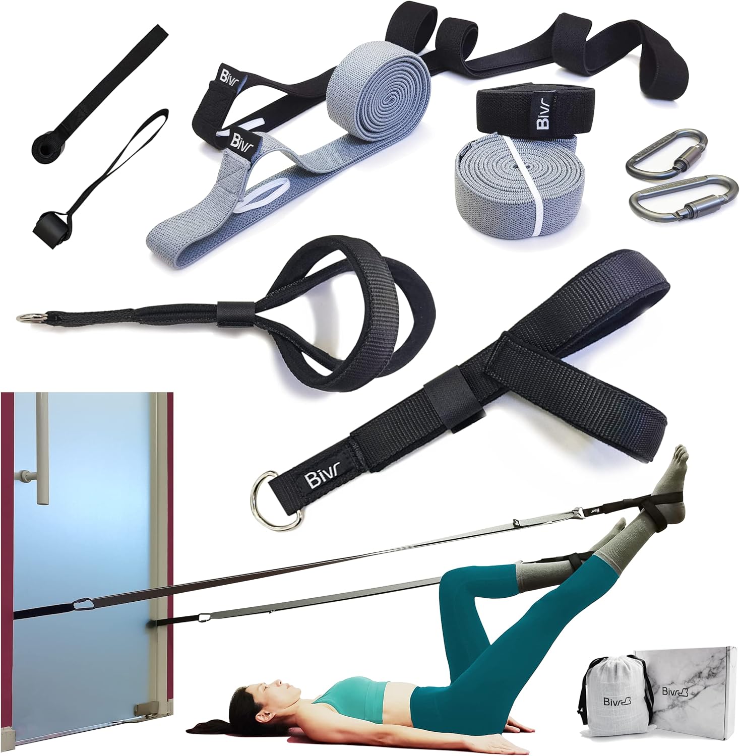 Portable Pilates Home Kit - Home Workout Equipment with Designed Pilates Loop Straps, Fabric Long Resistance Exercise Bands, Door Anchors and Aluminum Carabiners for Working Out as in Reformer