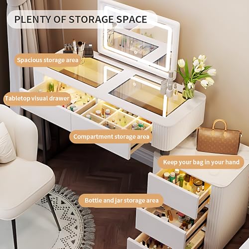 Vanity Table with Drawers - Fashion Vanity Table Set | LED Makeup Mirror & Chair Included | Solid Wood Bedroom Vanity | Atmosphere Light Design | New Makeup Experience (White, 40