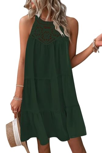 Wkior Womens Summer Dresses 2024 Casual Halter Sleeveless Flowy Mini Dress Tiered Pleated Beach Sundress