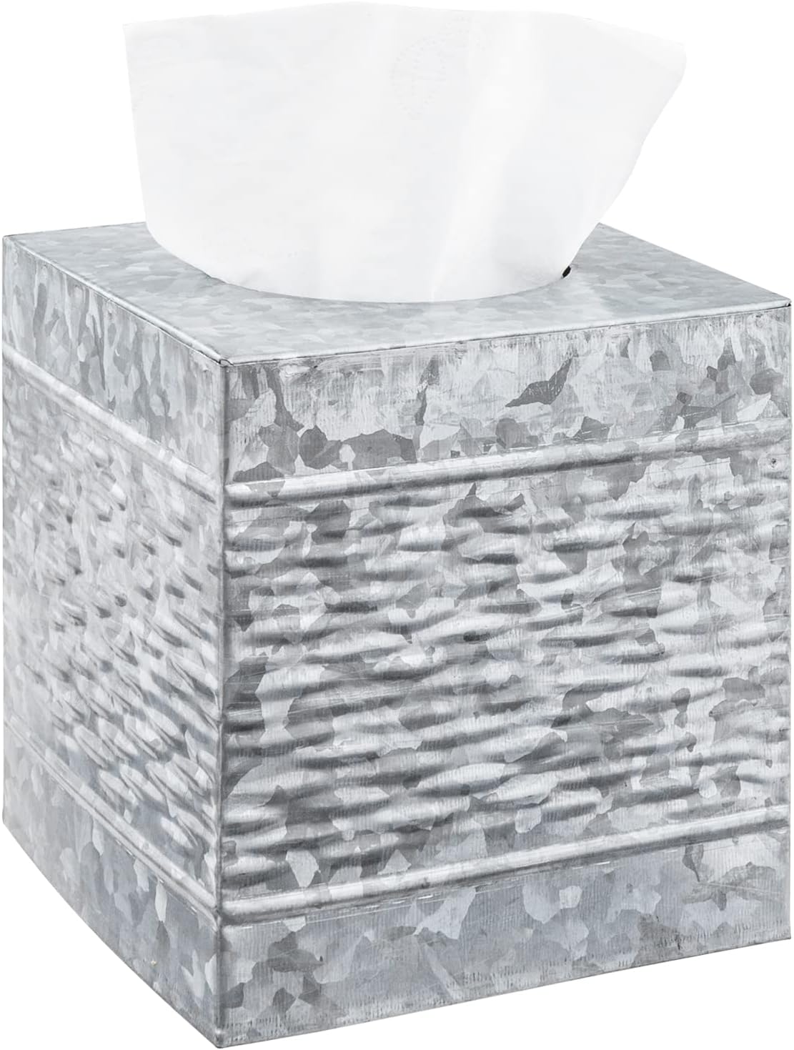 MyGift Rustic Handcrafted Galvanized Metal Tissue Box Cover Holder, Bathroom Square Facial Tissue Holder with Wave Embossed Pattern - Made in India