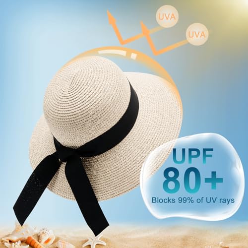 VIFUUR Womens Straw Hats Wide Brim Summer Visor Beach Sun Hat Packable UPF UV Foldable Travel