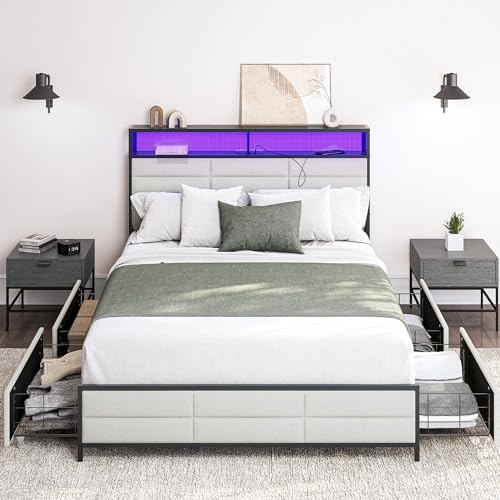 BELLEZE Queen Size Bed Frame with Storage Drawers and Headboard, Fabric Upholstered Platform Bed Frame with Ultra-Fast USB Type A/C Outlet and RGB LED Light, No Box Spring Needed - Century (Gray)