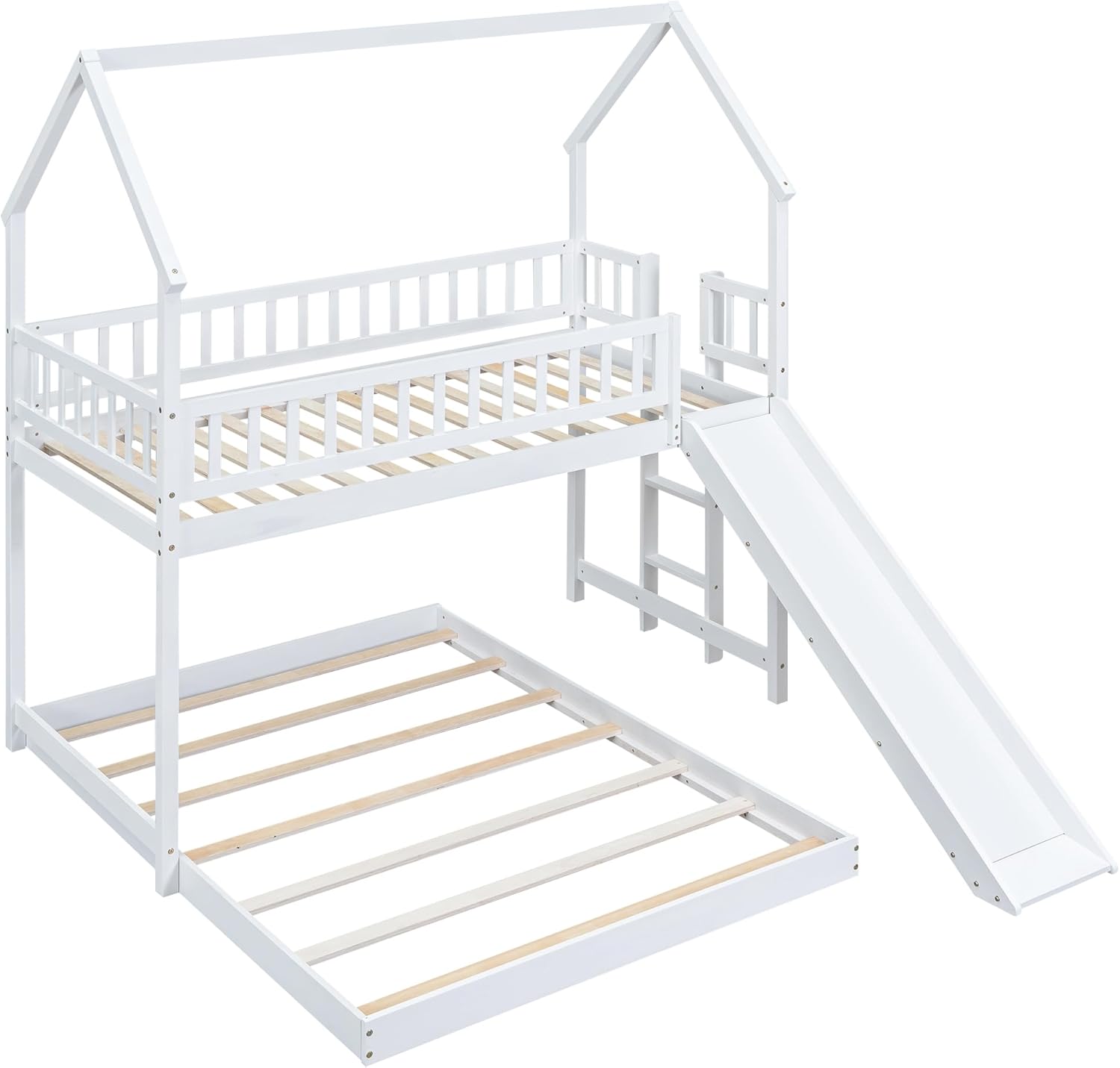 Twin Over Full House Bunk Bed with Slide and Built-in Ladder, Full-Length Guardrail, White