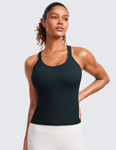 CRZ YOGA Seamless Ribbed Womens Tank Top Racerback Camisoles with Built in Bra Padded Scoop Neck Athletic Workout Slim Tanks