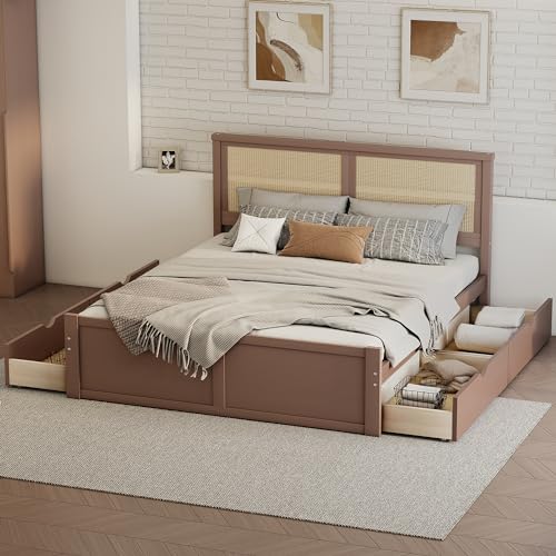 Rattan Storage Bed Frame - Wicker Bed Frame with Rattan Headboard and 4 Storage Drawers, Wood Platform Bed Frame with Wood Slats Support and Bottom Wheel Design (Antique Natural, Full)