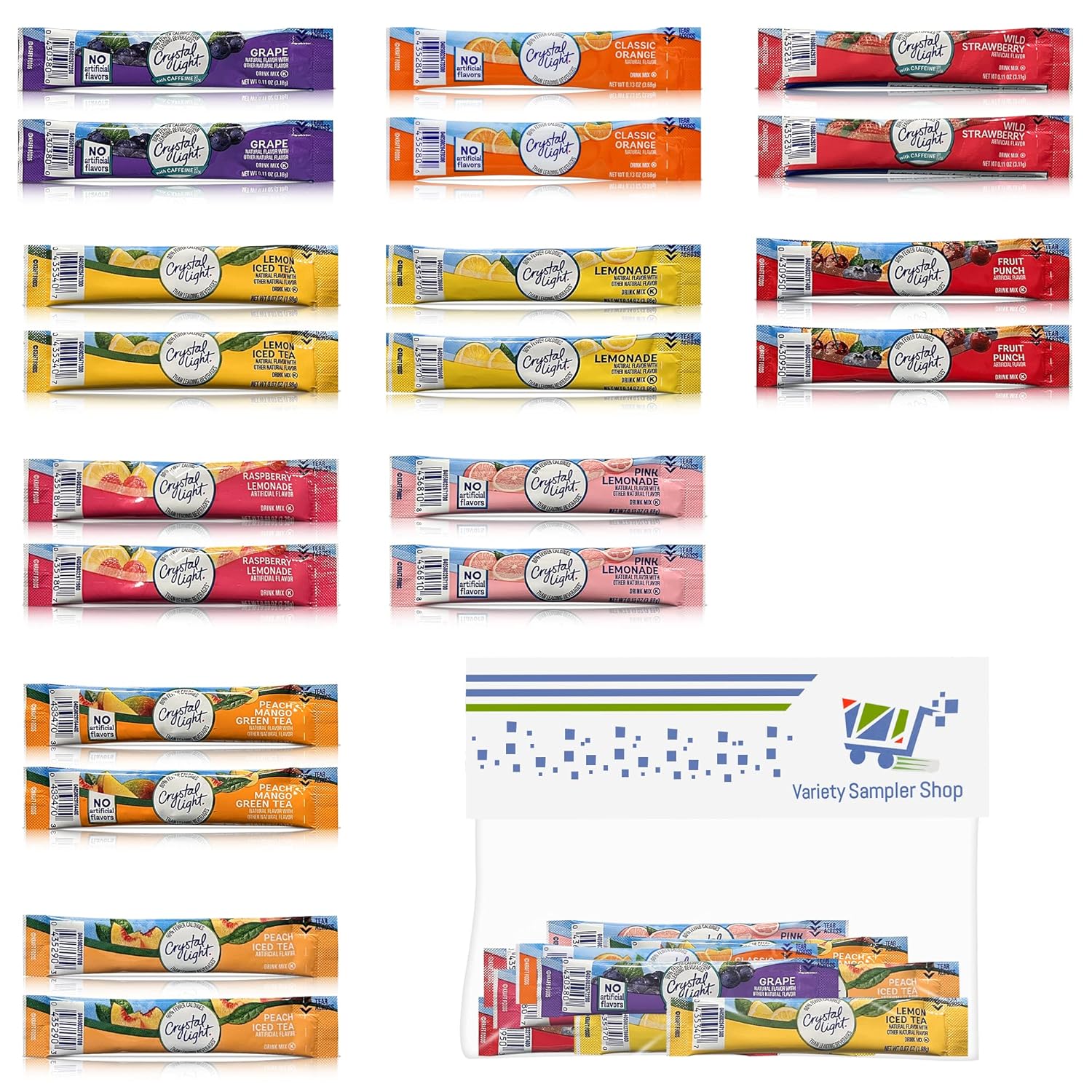 Crystal Light Variety Pack Sugar Free Drink Mix Packets 20 On The Go Crystal Light Packets; Lemonade, Grape, Raspberry Lemonade, Fruit Punch, Pink Lemonade, Orange, Tea