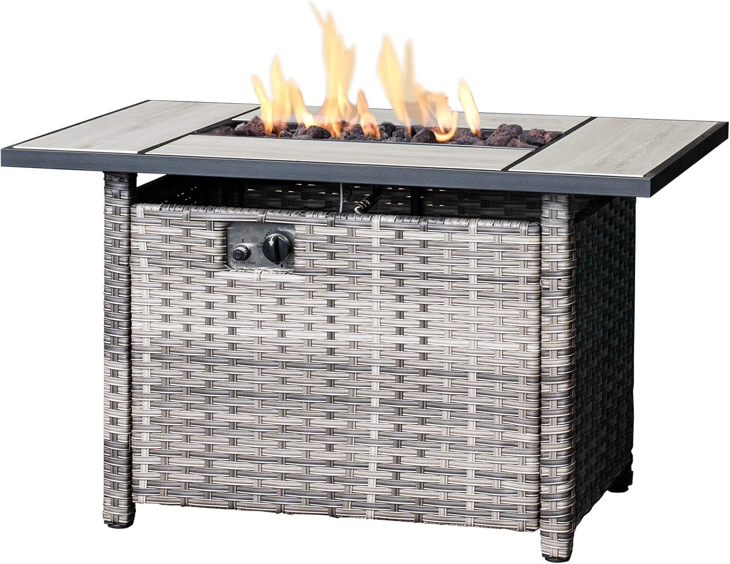 ovios Fire Pit Table 42 inch Outdoor Rectangle Gas Fire Table with Lid, 50,000 BTU, Propane Fire Pit Table Wicker Rattan Patio Dinning Table for Yard Garden Porch, Grey Wicker