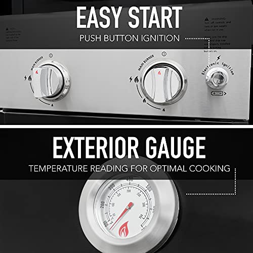 Permasteel 2-Burner Gas Grill, Foldable Side Tables, Grilling Tool Hooks, Propane Gas Barbecue Grill, Black with Copper Accent