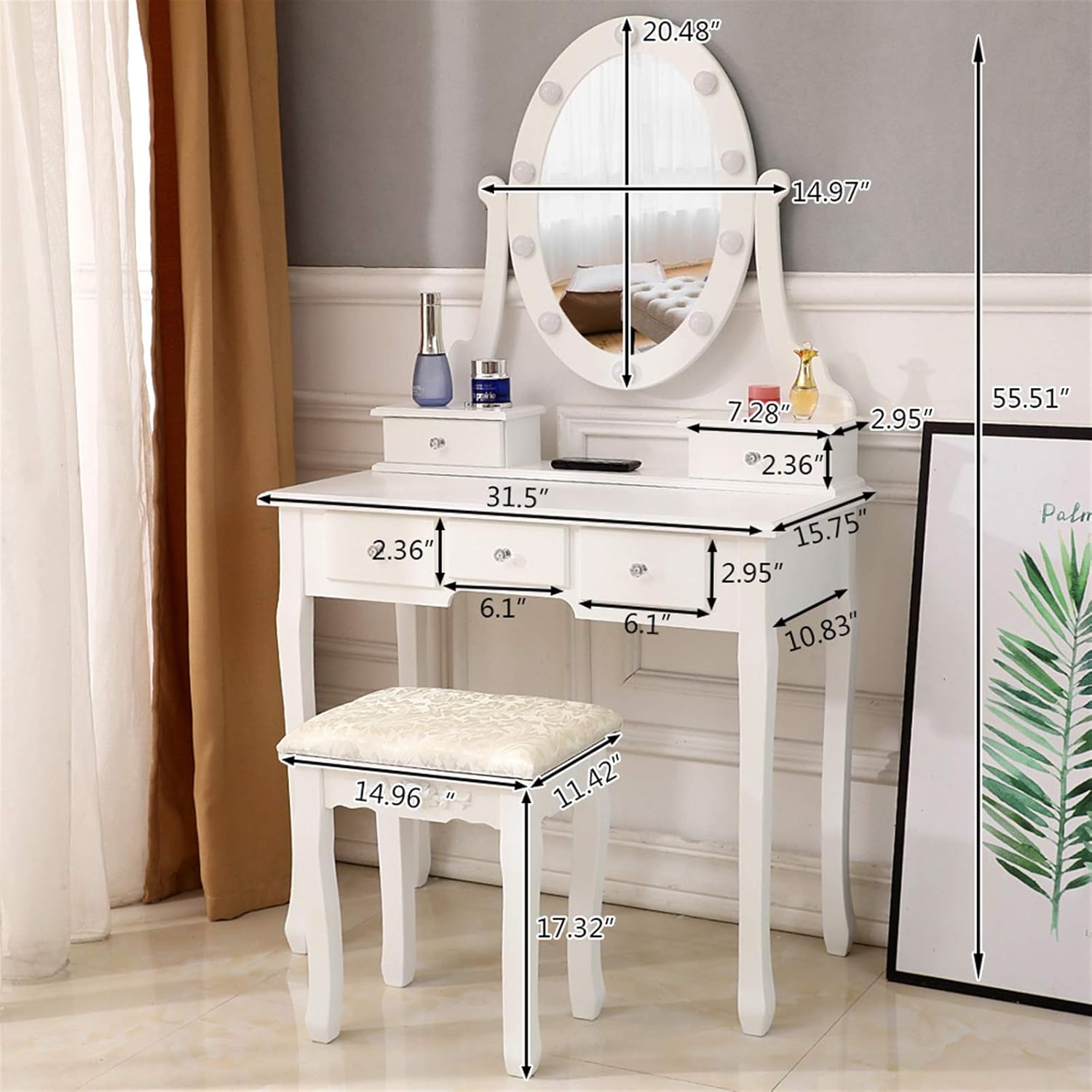 Vanity Table Set with Lighted Mirror, Makeup Dressing Table and Cushioned Stool Set with 5 Large Drawers for Women Girls, White