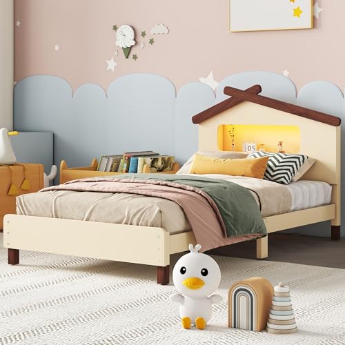 Bellemave Twin Size Platform Bed with House-Shaped Headboard and Motion Activated Night Lights,Wood Twin Kids Bed Frame for Teens, Girls,Boys(Twin,White)