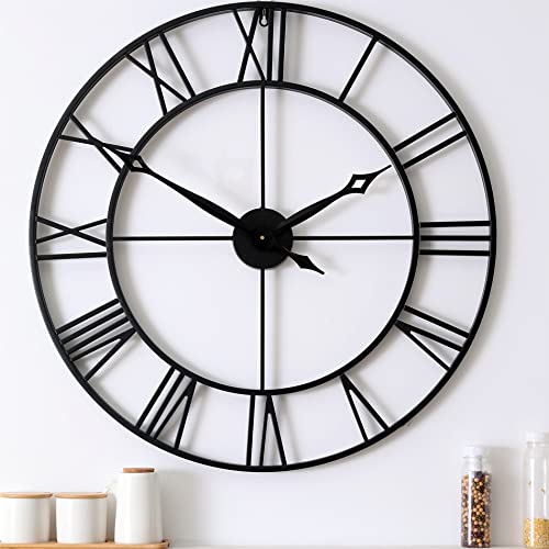 24 Inch Wall Clocks for Living Room Decor, Large Black Metal Roman Numeral Wall Clock,Decorative Wall Clocks,Battery Operated Silent Wall Clocks for Modern Farmhouse Home Decor