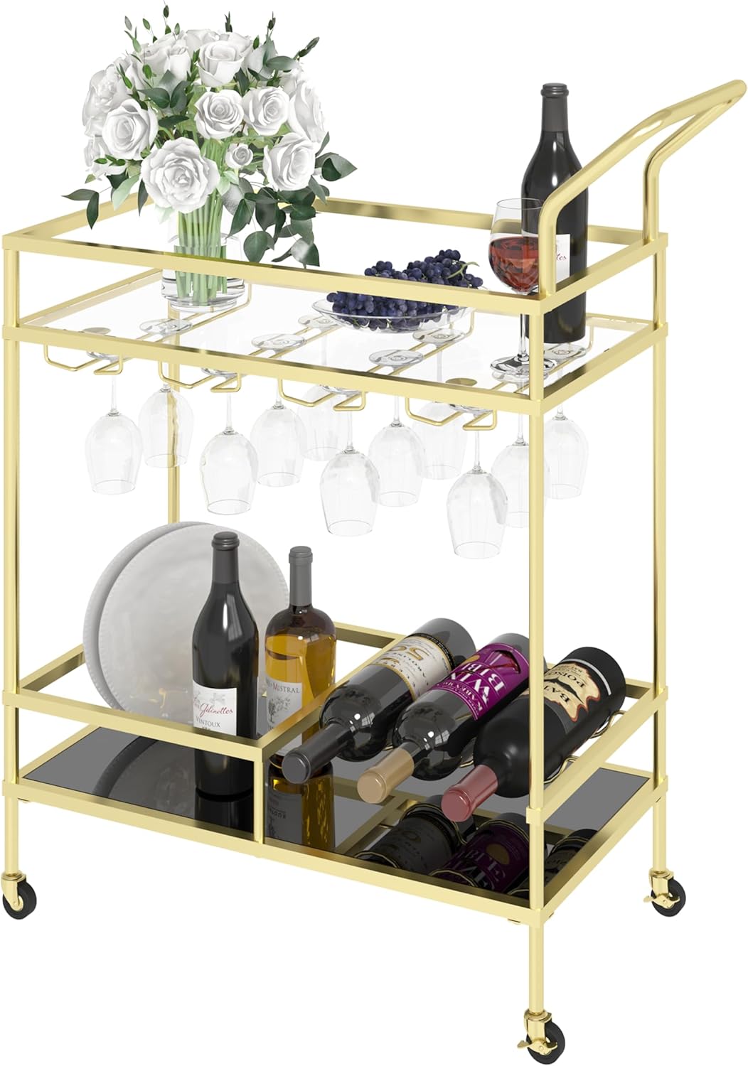 Gold-Bar-Cart with 2 Tiers Glass Holders & Wine Racks, Home-Bar-Serving-Cart - for Kitchen, Metal Liquor Beverage Cart on Lockable Wheels