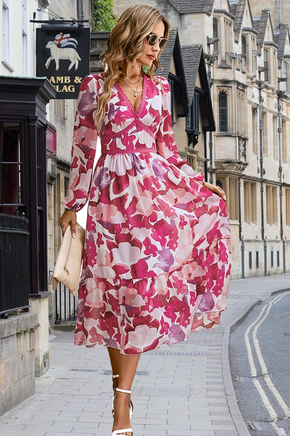 Women's V Neck Long Sleeve Wrap Maxi Dress A Line Empire Waist Fall Wedding Guest Party Casual Chiffon Dress Rose L