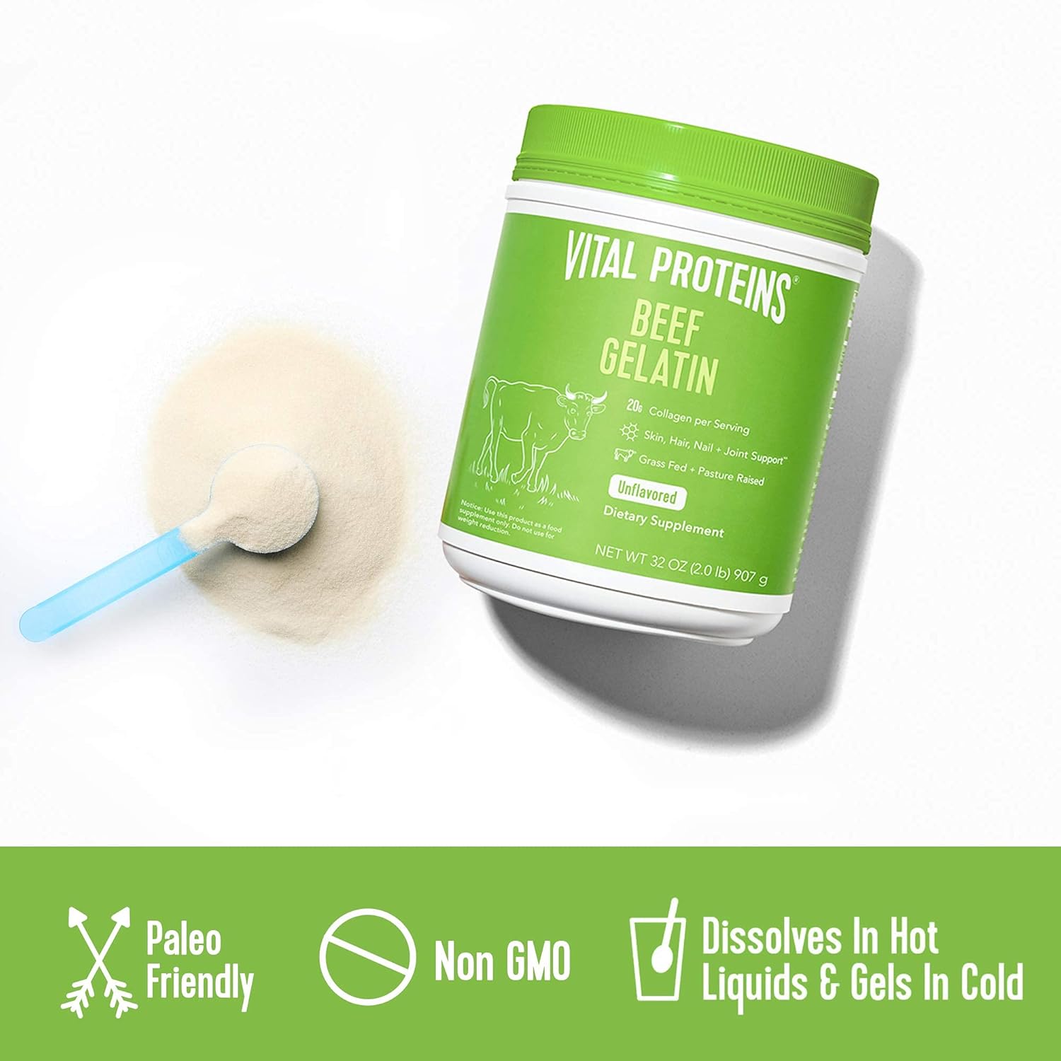 Vital Proteins Beef Gelatin Powder, Pasture-Raised & Grass-Fed Beef Collagen Protein Supplement with Proline & Hydroxyproline, Non-GMO, Gluten & Dairy & Free, Whole30 Approved, Paleo friendly - 32 oz