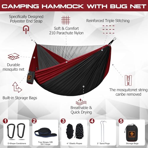 Camping Hammock, Portable Hammocks with Mosquito Net,Lightweight Nylon Parachute Hammock with 10ft Tree Straps,Camping Gear Must Haves for Travel Hiking Backpacking Beach Patio-Blue&Grey