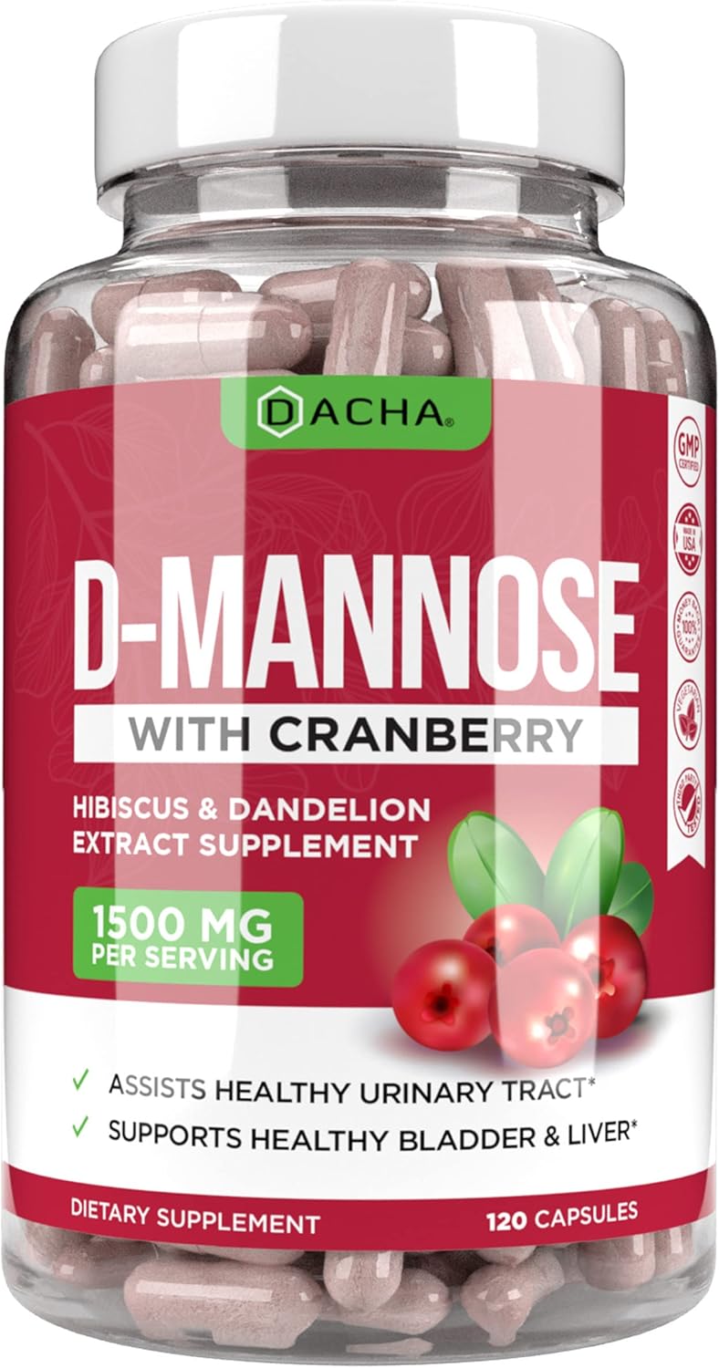 Natural D-Mannose Capsules 4-in-1 Formula - 120 CAPS, 1500 MG Cranberry, Dandelion, Hibiscus Flower Extract, Pills for Supporting Bladder and Urinary Tract Health