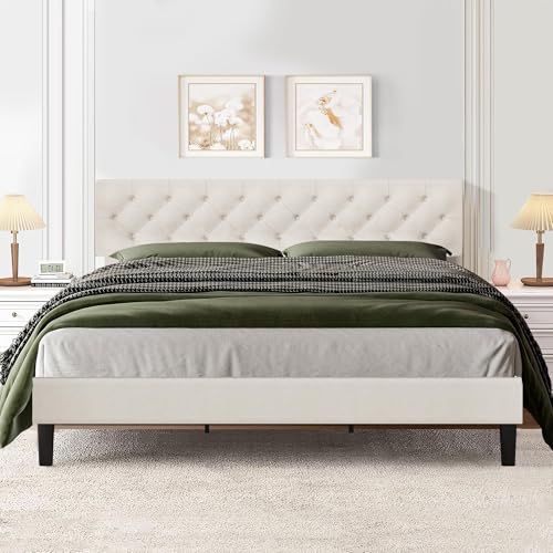 Full Size Bed Frame with Button Tufted Headboard, Linen Upholstered Platform Bed with Wooden Slats Support, Easy Assembly, No Box Spring Required, Pink