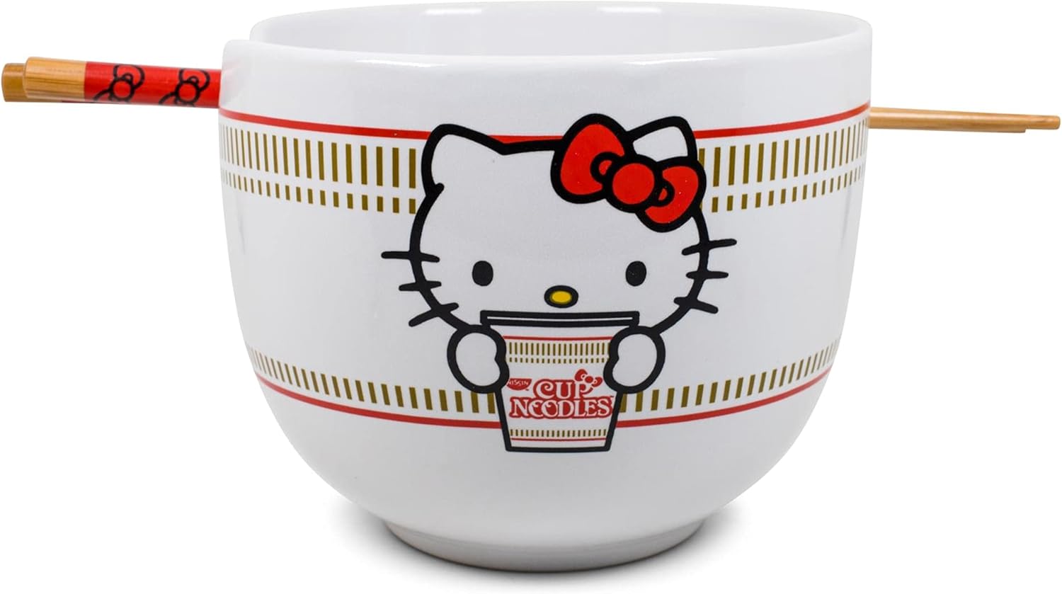 Hello Kitty Cup Noodles Japanese Ceramic Dinnerware Set | Includes 20-Ounce Ramen Bowl and Wooden Chopsticks | Asian Food Dish Set For Home Kitchen | Kawaii Anime Gifts, Official Sanrio Collectible