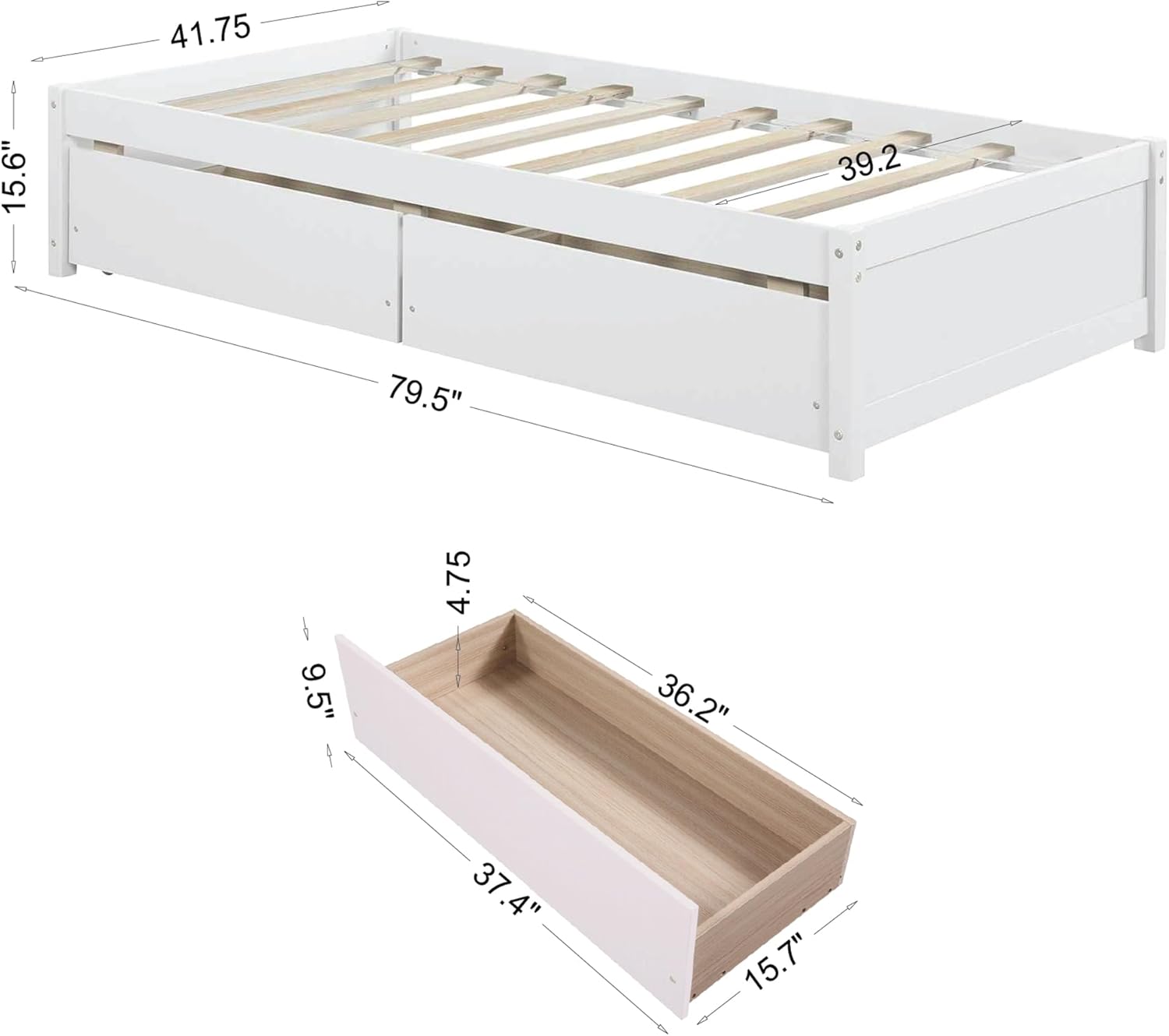 Bellemave Twin Bed Frame with 2 Storage Drawers,Solid Wood Daybed for Kids,Single Twin Bed,Box Spring Needed,White