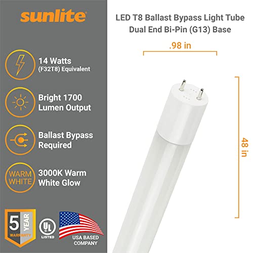 Sunlite LED T8 Ballast Bypass Light Tube (Type B) 4 Foot, 14W (F32T8 Equal), 1800 Lm, Medium G13 Base, Dual End Connection, Frosted, UL Listed, 6500K Daylight, 25 Count