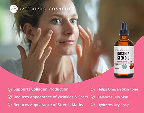 Kate Blanc Cosmetics Rosehip Oil for Face & Skin. Rosehip Seed Face Oil for Facial & Gua Sha Massage (4oz, Organic, Pure, Cold Pressed)