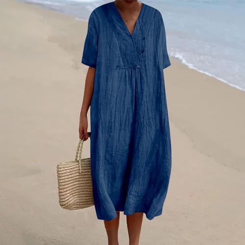 Womens Boho Maxi Dresses 2024 Summer V Neck Short Sleeve Linen Long Dress Loose Plus Size Solid Color Boho Dress