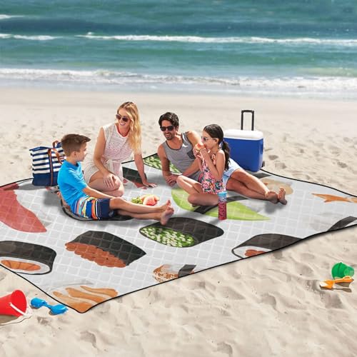 Sushi Extra Large Picnic Outdoor Blanket, Foldable Beach Blanket Waterproof Sandproof Camping Mat for Family Travel Park Wet Grass Hiking Yoga, 60 x 80 Inch