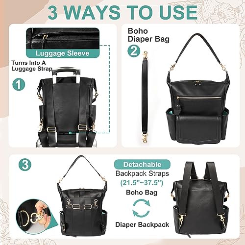 MOMINSIDE Diaper Bag Backpack with 14 Pockets, Leather Baby Bag, Convertible Hobo Backpack, Large Diaper Bag Tote, 6 Bottle Pockets, Wipes Pouch, Insulated Pockets (Brown)