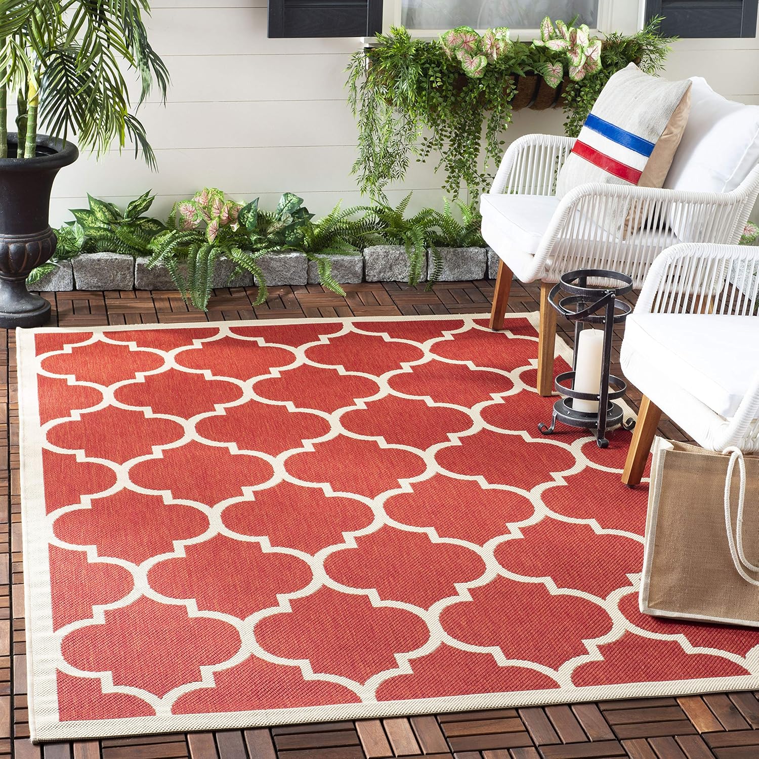 SAFAVIEH Courtyard Collection 9' x 12' Red/Bone CY6914 Trellis Indoor/ Outdoor Waterproof Easy-Cleaning Patio Backyard Mudroom Area-Rug