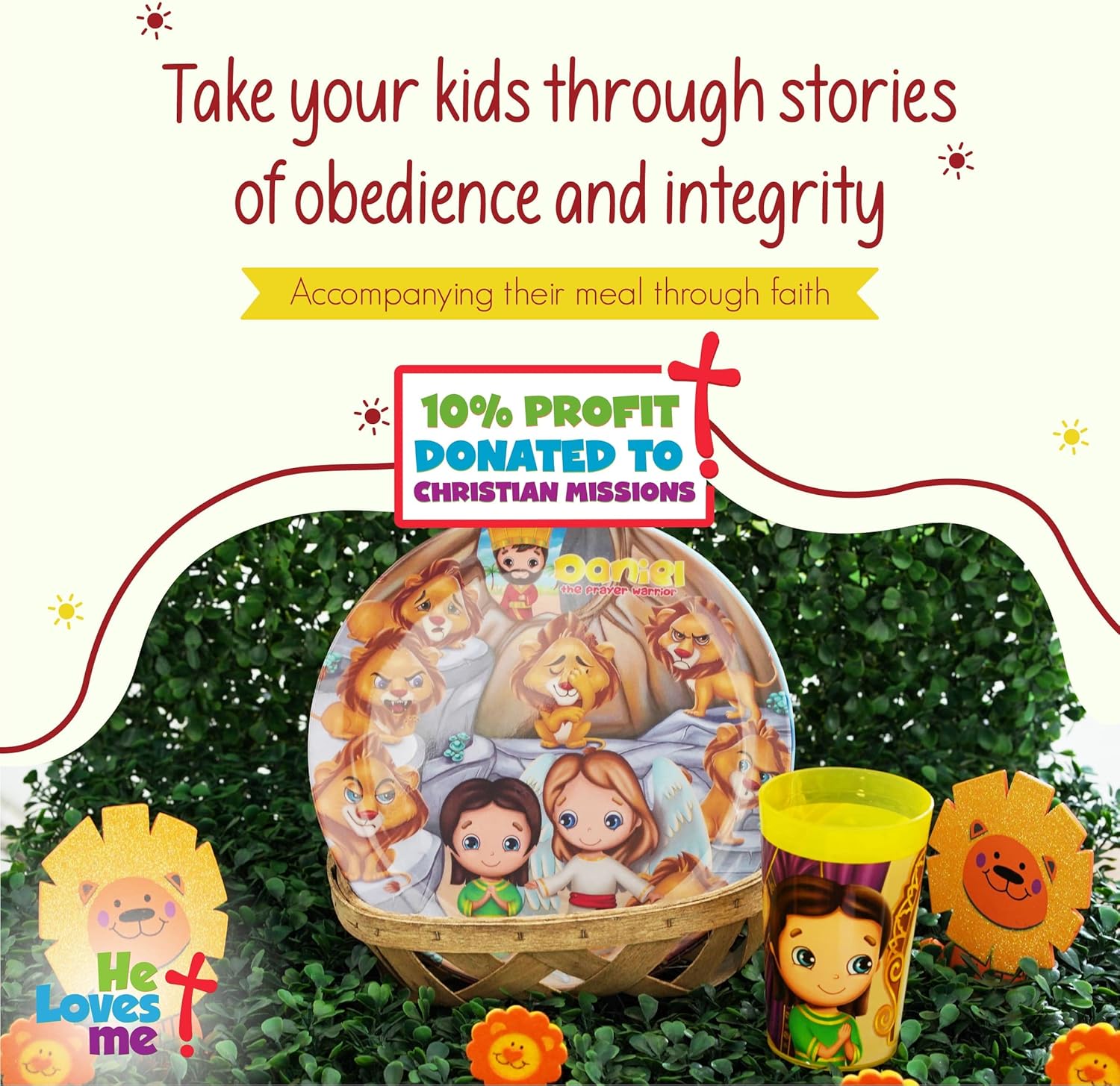 HE LOVES ME Christian Toddler plates and bowl set Daniel Includes Round Plate, Divided Plate, Bowl, Placemat and Cup- Baby and Toddler Dinnerware Feeding Essentials, 5 Pieces.