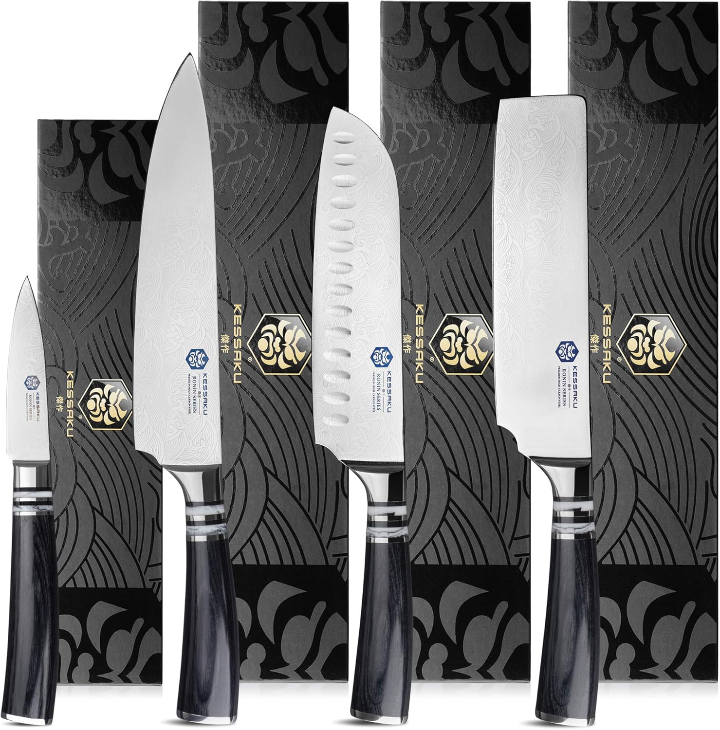 Ronin Collection 4-Knife Set - Forged High Carbon 7Cr17MoV Stainless Steel - 8-Inch Chef, 7-Inch Santoku, 7-Inch Nakiri, 3.5-Inch Paring with Blade Guards