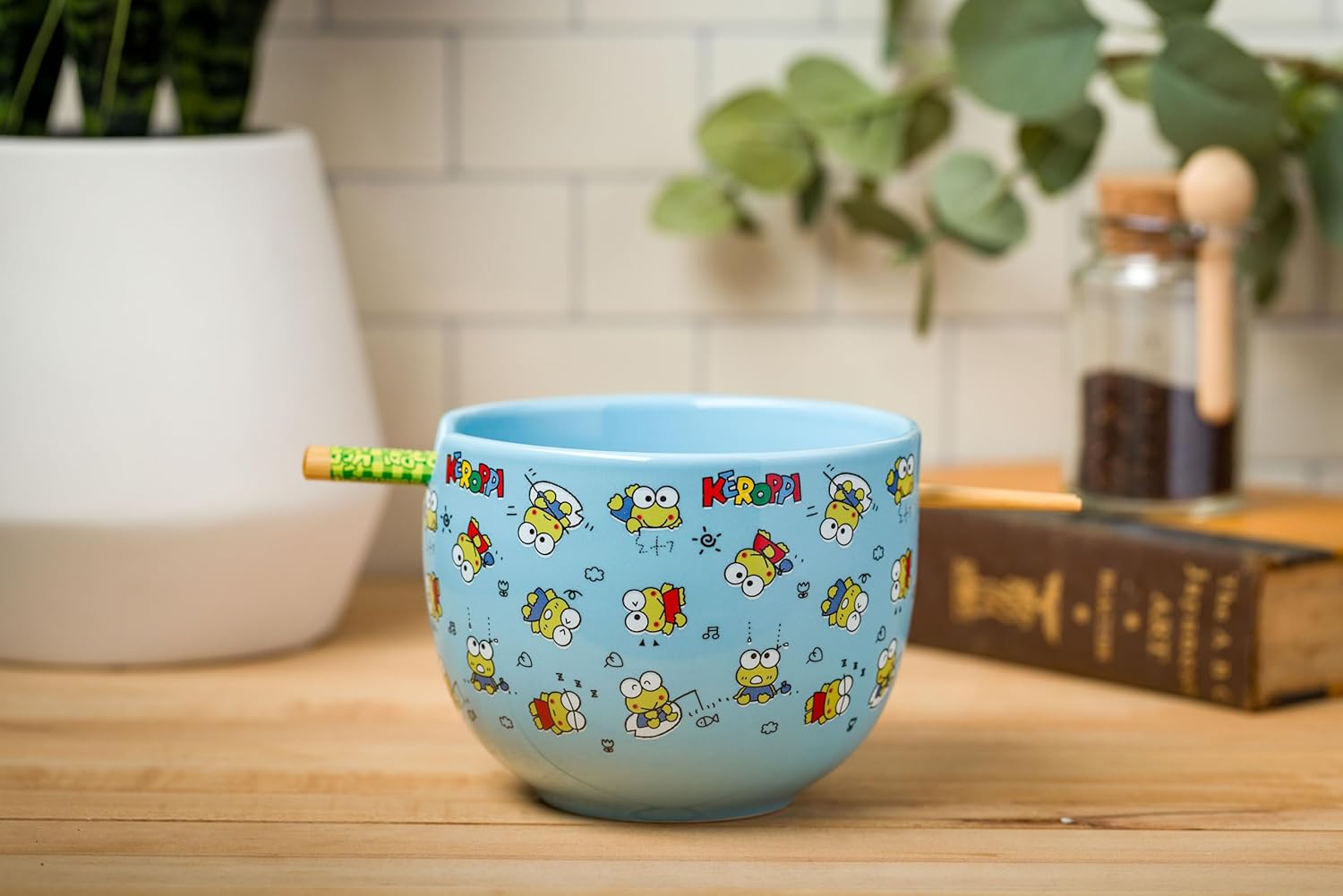 Silver Buffalo Sanrio Hello Kitty and Friends Keroppi Fishing and Doodling Ceramic Ramen Noodle Rice Bowl with Chopsticks, Microwave Safe, 20 Ounces