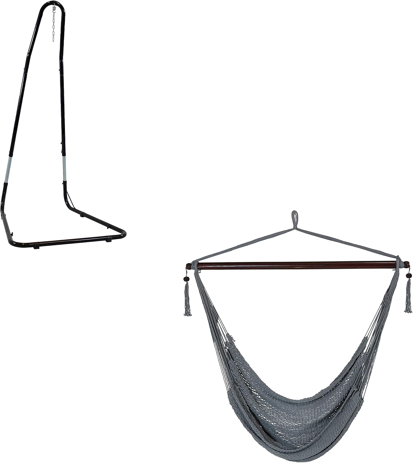 Sunnydaze XL Gray Hanging Polyester Rope Caribbean Hammock Chair and 79- to 93-Inch Tall 330-Pound Weight Capacity Heavy-Duty Hanging Chair Stand Bundle