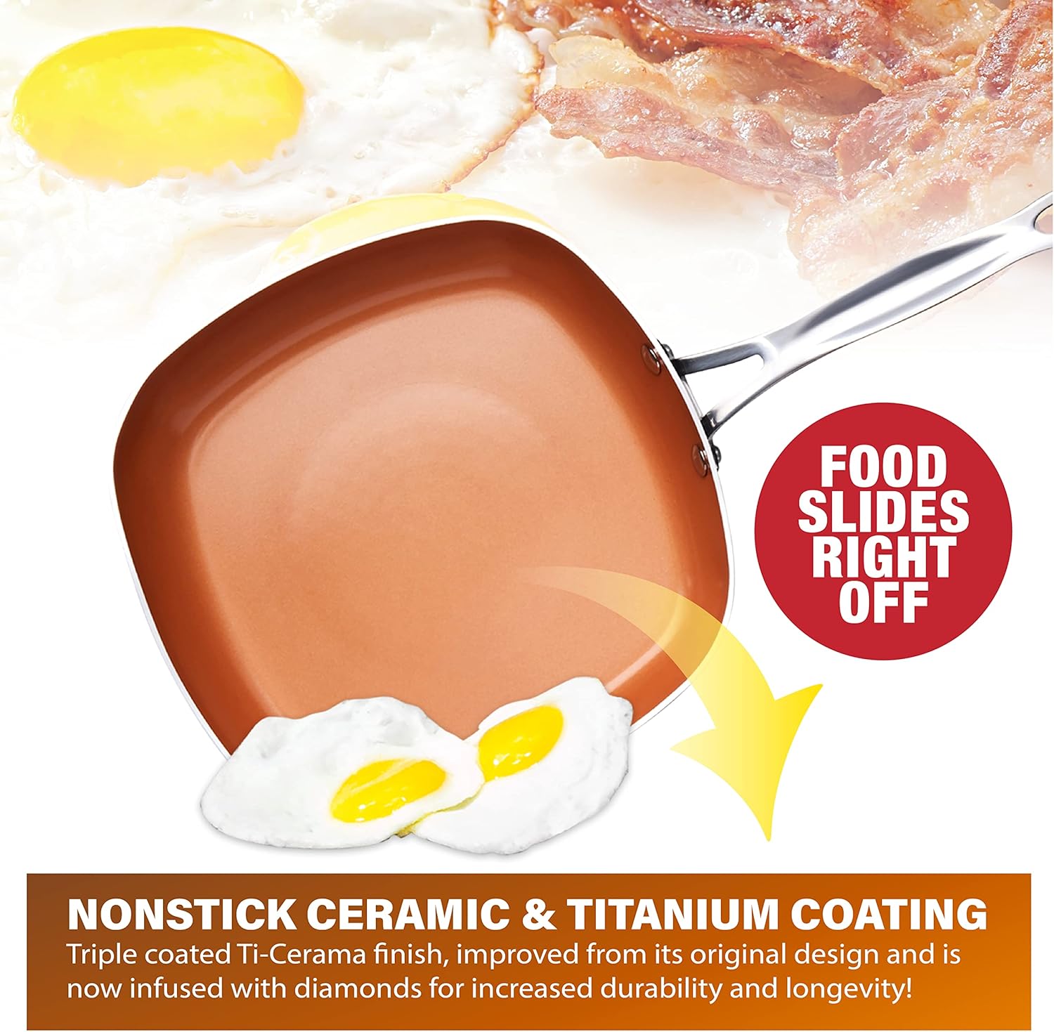 Gotham Steel Non Stick Frying Pan, 11” Square Ceramic Frying Pan Nonstick, Long Lasting Nonstick Cooking Pan, Induction Frying Pan, Egg Pan, Stay Cool Handle, Dishwasher & Oven Safe, 100% Toxin Free