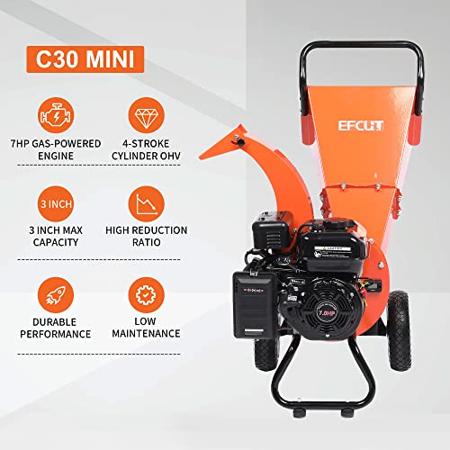 C30 Wood Chipper Shredder Mulcher 7 HP 212cc Heavy Duty Rotor Engine Gas Powered 3 inch Max Wood Diameter Capacity 20:1 Reduction Ratio