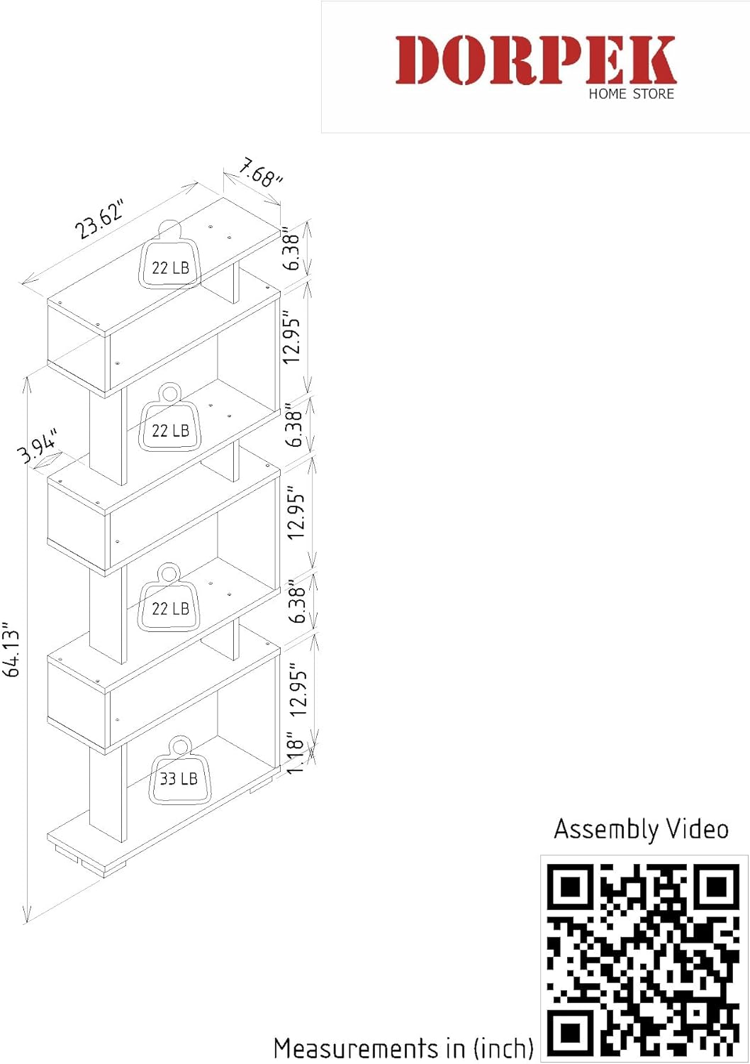 DORPEK Slender Bookcase White,S- Shaped 6- Tier Tall Bookshelf, Etagere Bookcase with Open Shelves, Floor Standing Unit, Storage Shelving for Living Room and Home Office