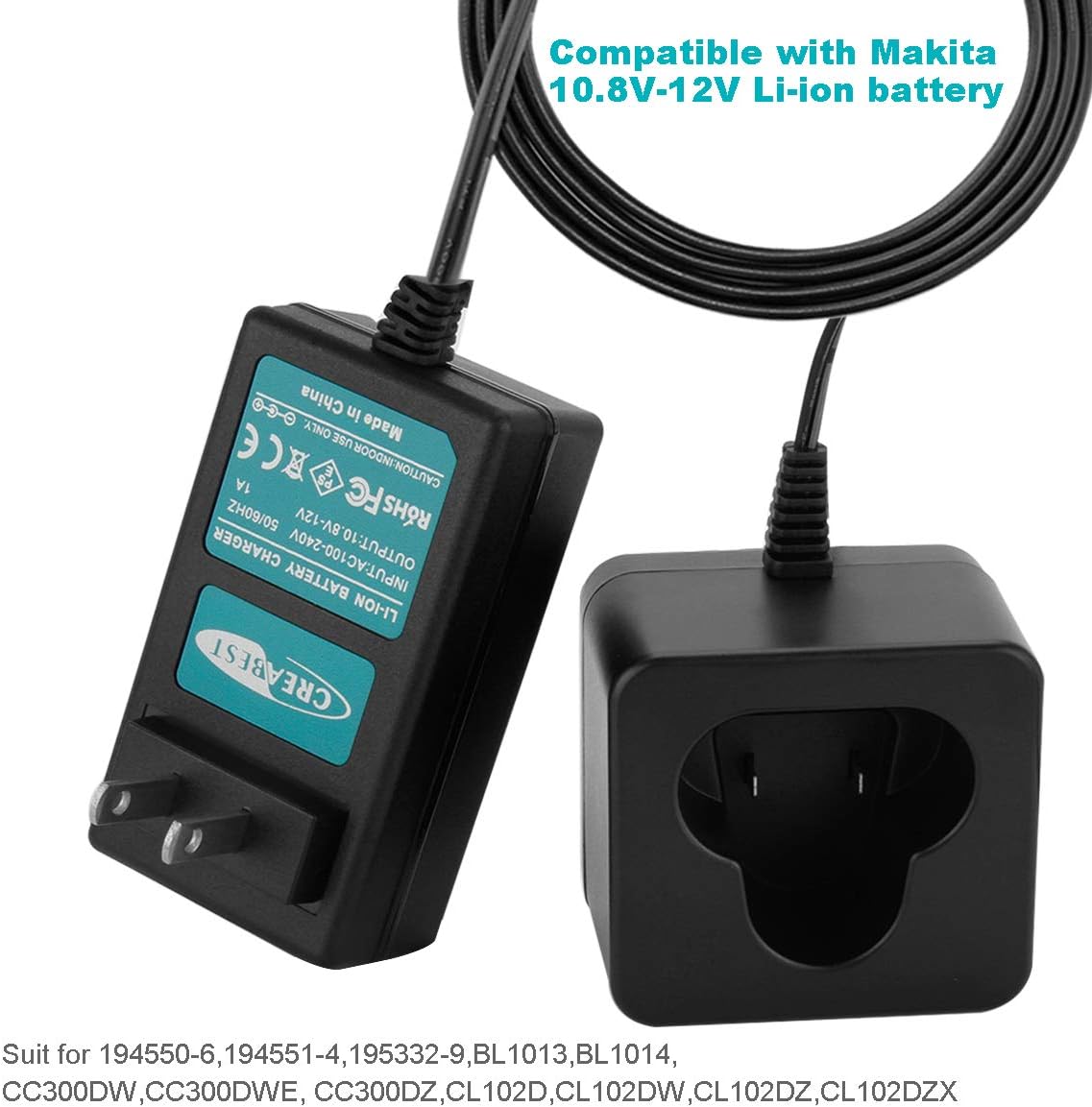 CREABEST New 2packs 3000mAh Li-ion 10.8V BL1014 Replacement Battery Compatible with Makita BL1013 DF030D DF330D 194550-6 194551-4 195332-9 and Include One 10.8V-12V Charger