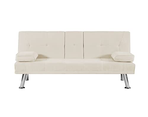 Convertible Folding Futon Sofa Bed,PU Leather Upholstered Modern Couch Loveseat Sleeper, Folding Daybed Guest Bed, Removable Armrests, 2 Cup Holders, Metal Legs (Beige)