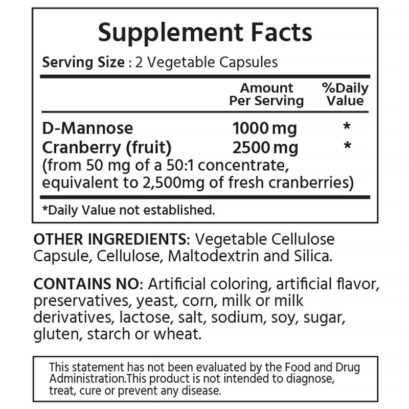 D-Mannose 1000 mg, Cranberry 2500 mg/serving, 120 Vegetable Capsule. Healthy urinary system, All-Natural, and Non-GMO.