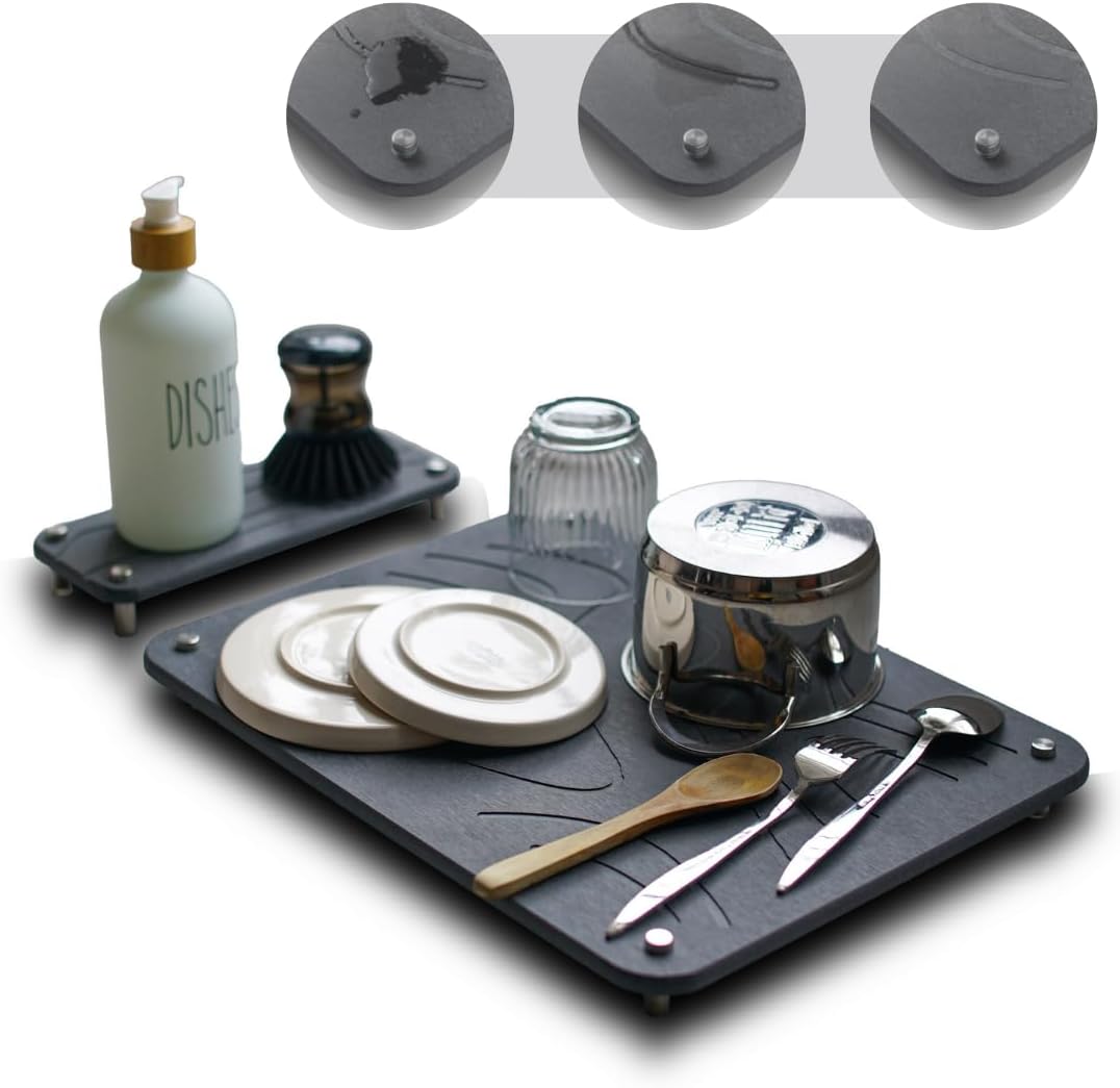 Set of Stone Dish Drying Mat - Kitchen Counter and Kitchen Sink Tray Sponge Holder - Water Absorbing Stone Tray for Sink & Instant Dry Kitchen Sink Caddy – Fast Drying Stone Sink Tray