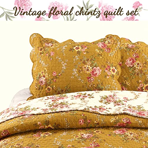Cozy Line Home Fashions Luxury Classic Bedding Quilt Set, 100% Cotton Beige Blue Floral Pink Flower Bohemian Style Reversible Bedspread Coverlet (Art Painting, King - 3 Piece)