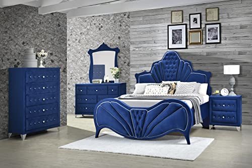 Elountik Luxury Velvet Bedroom Furniture Set Freely Configurable Bed Frame Dresser Mirror Nightstand Chest Floor Mirror, Blue Velvet (Queen Bed)